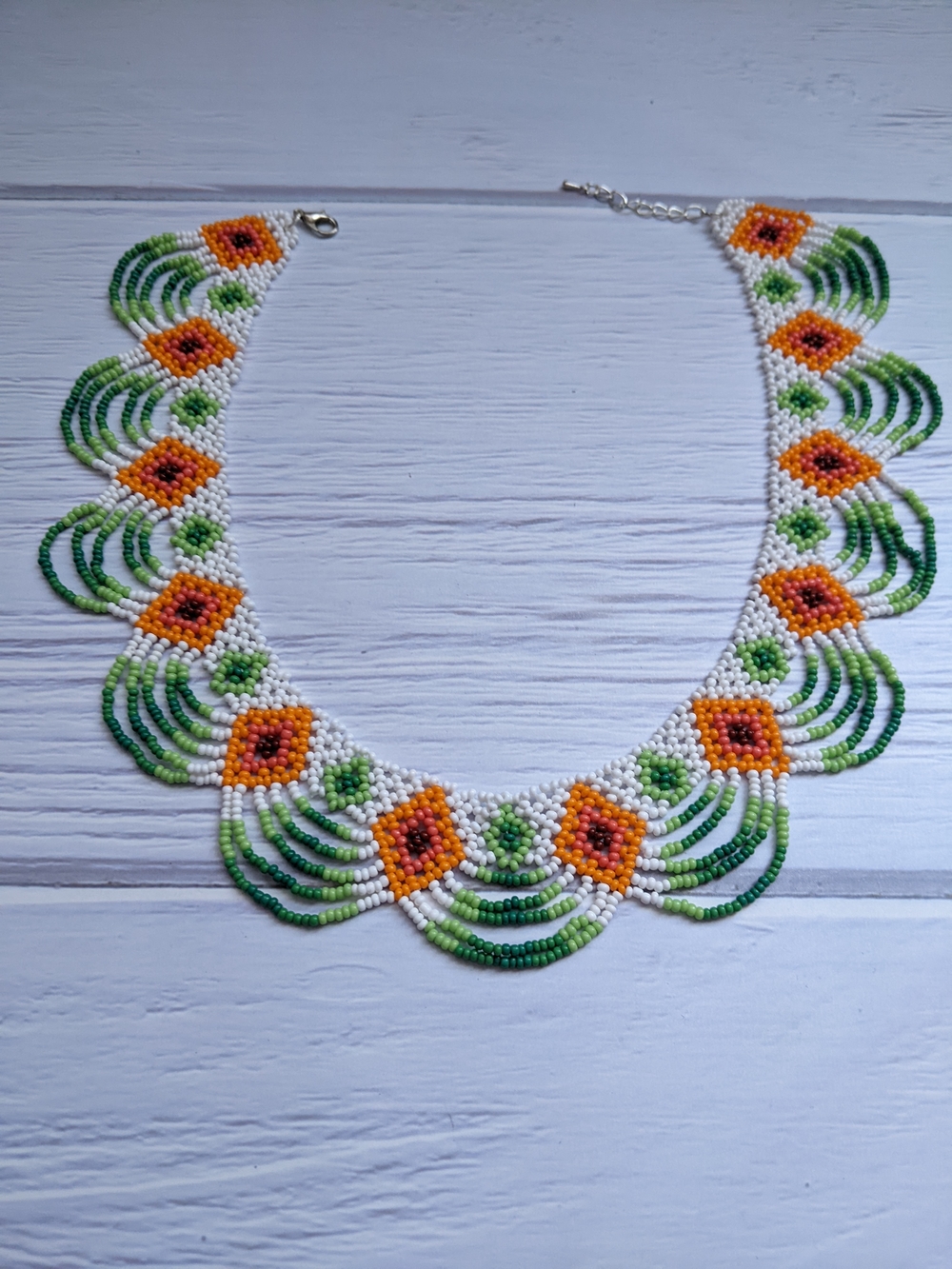 Handcrafted White, Orange & Green Beaded Collar Necklace